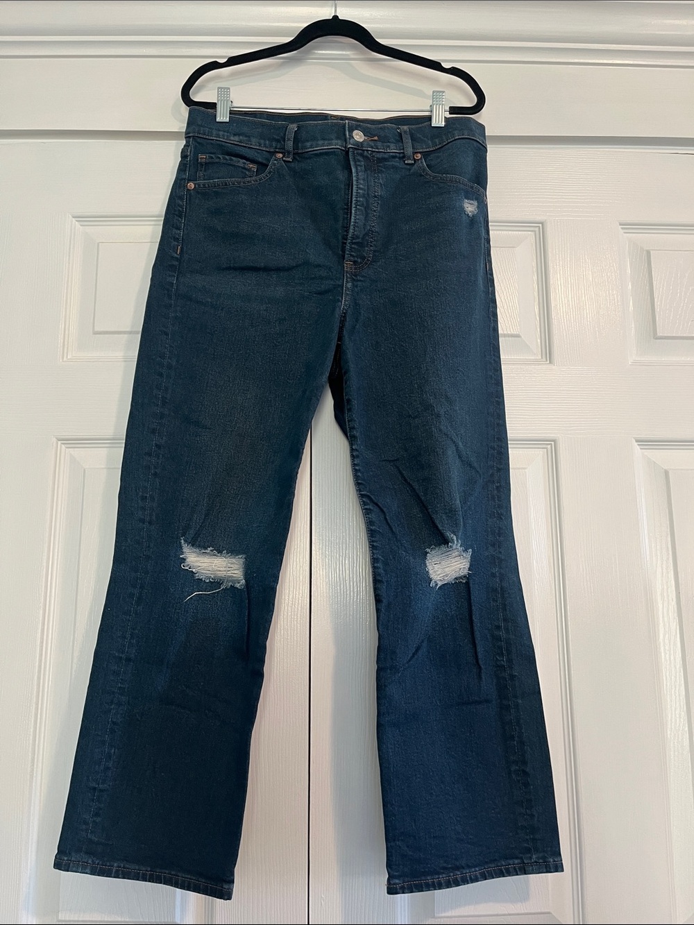 Express Medium Dark Blue Mom Jeans with Knee Distressing